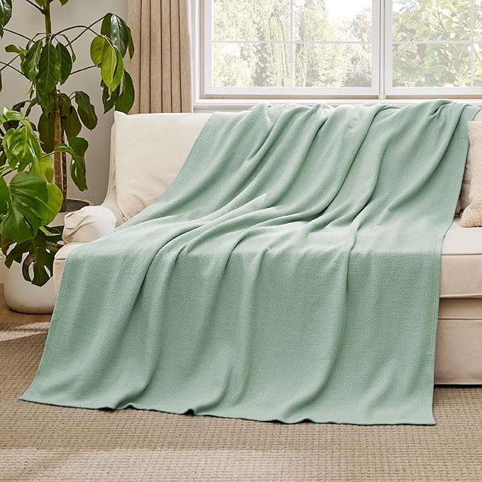 Bedsure 100% Cotton Large Throw Blanket for Couch 50x70 inches - Breathable and Lightweight, Soft Cozy Herringbone Woven Blanket for Summer Spring, Sage Green