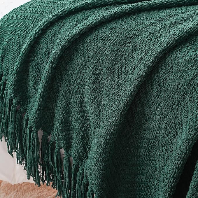 BATTILO HOME Forest Green Throw Blanket for Couch, Knit Christmas Throw Blanket Versatile for Chair, Super Soft Warm Green Christmas Blanket with Tassels for Bed, Sofa and Living Room, 60" x 80"