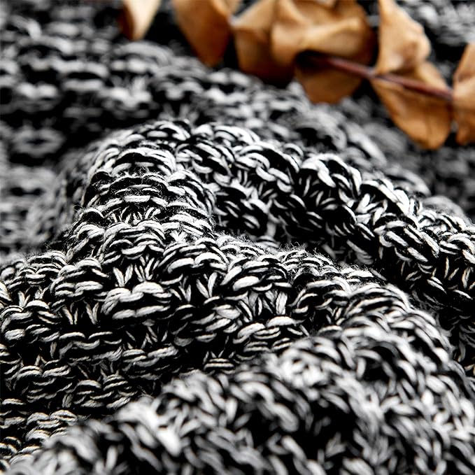 Longhui bedding Black Knitted Throw Blanket for Couch, Soft, Cozy Machine Washable 100% Cotton Sofa Blanket, Heavy 2.5lb Weight, Laundry Bag Included, Black and White