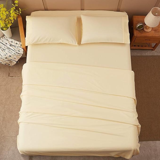 SONORO KATE Bed Sheet Set Super Soft Microfiber 1800 Thread Count Luxury Egyptian Sheets 18-Inch Deep Pocket Wrinkle and Hypoallergenic-4 Piece(King Ivory)