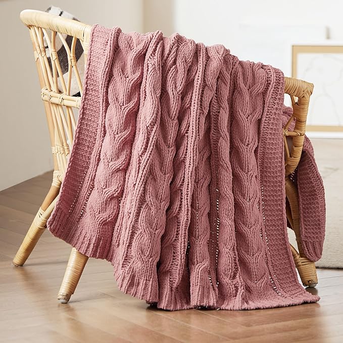 Bedsure Cable Knit Throw Blanket for Couch Bed - Chenille Chunky Knit Throw Blanket for Summer and All Seasons, Soft Cozy and Warm, Pink, 50x60 Inches
