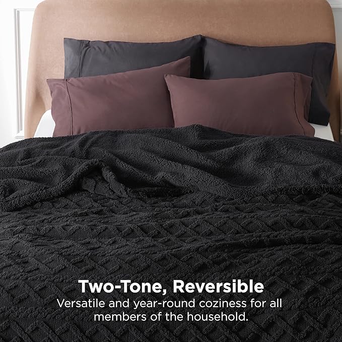 Bedsure Sherpa Queen Size Blanket for Bed - Fleece Soft Cozy Fuzzy Cable Blankets for Women, Thick Warm for Winter and All Seasons, Black, 90x90 Inches