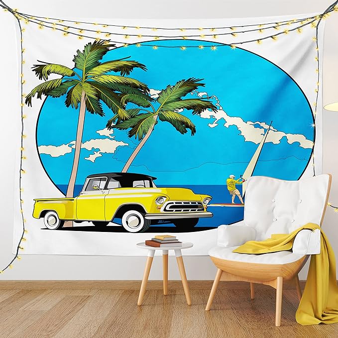 Ambesonne Retro Tapestry Queen Size, Graphic Design Nostalgic Chevy Car a Sailer Guy in the Ocean Palms Vivid Sky Seaside, Wall Hanging Bedspread Bed Cover Wall Decor, 88" X 88", White Blue