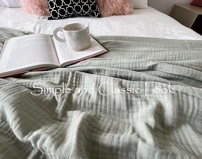 100% Cotton Blankets King 90" x104“ Muslin Throw Blanket for Adult, Bed, Couch, Pre-Washed, Breathable Lightweight Gauze Soft Blanket w/Fringe, All Season, (Sage Green)