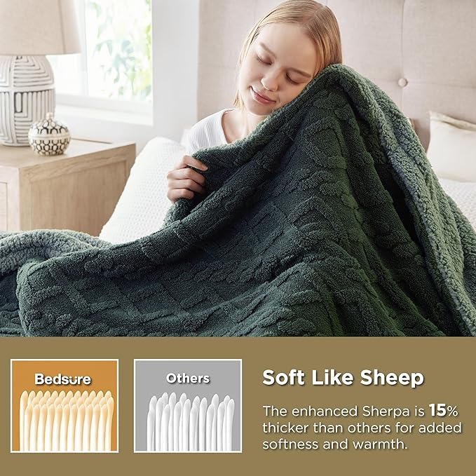 Bedsure Sherpa King Size Blanket for Bed- Fleece Soft Cozy Fuzzy Cable Blankets for Women, Thick Warm for Winter and All Seasons, Dark Green, 108x90 Inches