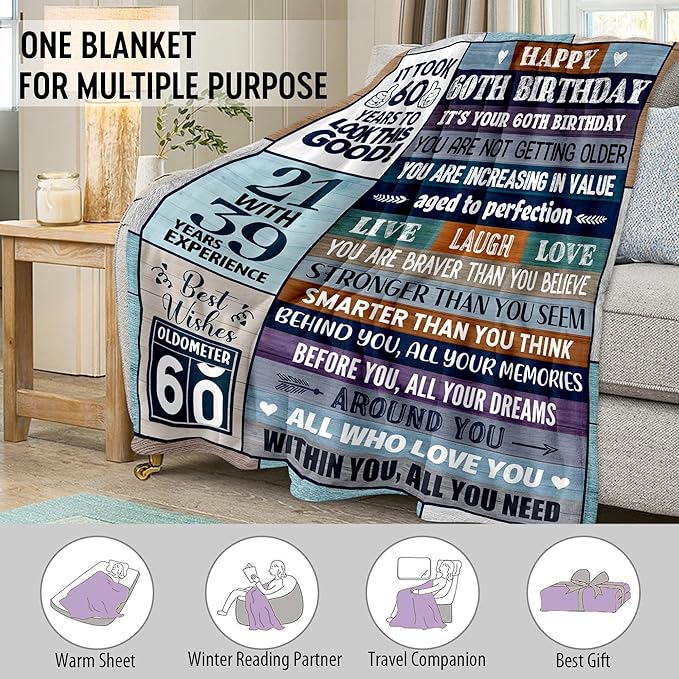 60th Birthday Gifts for Men Women, 60th Birthday Gift Ideas, Milestone 60th Birthday Decorations, Funny 60 Years Old Gift for Husband Wife Him Her Dad Mom, 60th Birthday Gifts Throw Blanket 50" x 60"