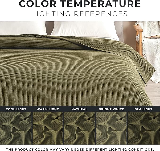 Great Bay Home 100% Cotton Blanket for Twin Size Bed | Lightweight and Breathable Waffle Weave Blankets for Summer & Spring | Versatile, Layering Dark Green Bed Blanket, Olive, 90x66 inches