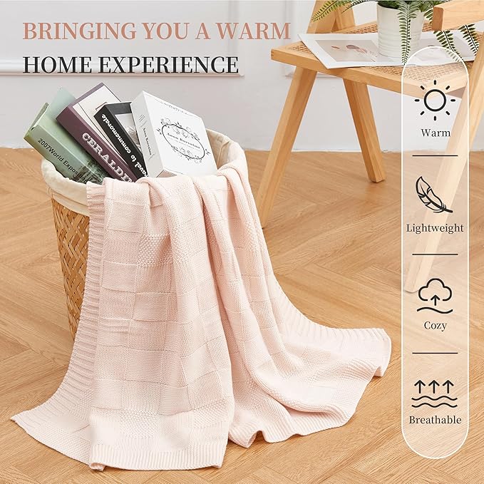 Aganear Knit Throw Blanket for Couch, Checkered Cable Knitted Throw Blanket for All Seasons, Soft Cozy Lightweight Knit Blanket for Bed Office Travel Boho Pink Decor (50"x60", Cream)