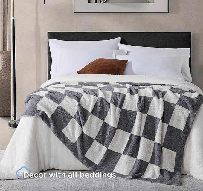 Checkered Throw Blanket for Couch - Super Soft Knit Bed Blanket, Fluffy Fuzzy Plush Lightweight Cozy Blankets for Sofa ,Dark Grey,50" x 60"