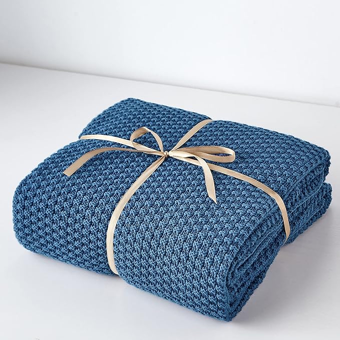 Longhui bedding Blue Knitted Throw Blanket for Couch, Soft, Cozy Machine Washable 100% Cotton Sofa Knit Blankets, Heavy 4.0lb Weight, 60 x 80 Inches, Laundry Bag Included