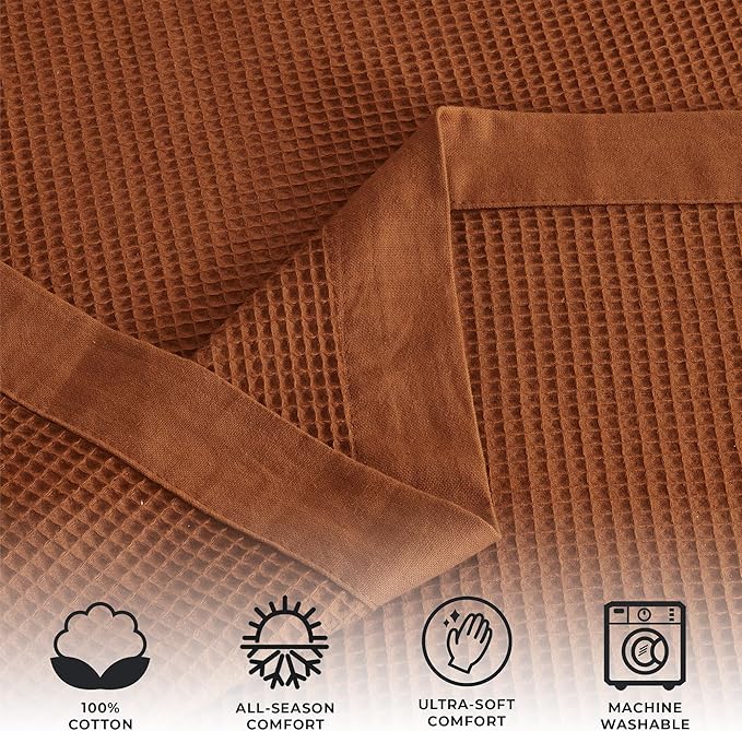 Great Bay Home 100% Cotton Blanket for Twin Size Bed | Lightweight and Breathable Waffle Weave Blankets for Summer & Spring | Versatile, Layering Orange Bed Blanket, Terracotta, 90x66 inches