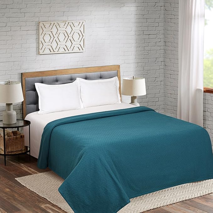 BELIZZI HOME 100% Cotton Bed Blanket, Breathable Thermal Blanket Full - Queen Size, Soft Chevron 90''x90'', Perfect for Layering Any All Season, Teal