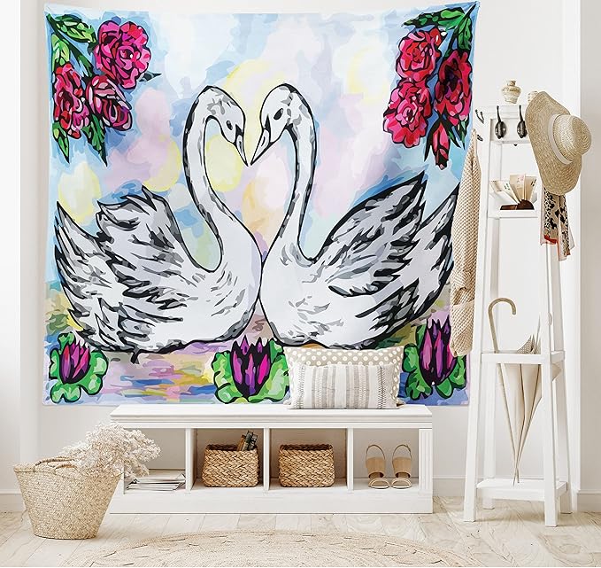 Ambesonne Swan Tapestry, Grunge Style Sketch Image of Lover White Swan Partners in Pond Lily Flowers Red Roses, Wide Wall Hanging for Bedroom Living Room Dorm, 60" X 40", Soft Blue Red