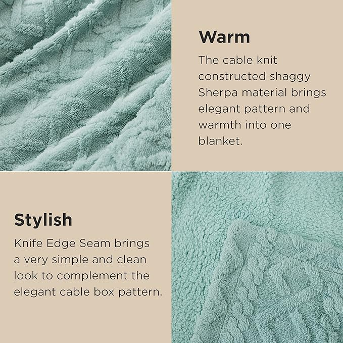 Bedsure Sherpa Queen Size Blanket for Bed - Fleece Soft Cozy Fuzzy Cable Blankets for Women, Thick Warm for Winter and All Seasons, Sage Green, 90x90 Inches