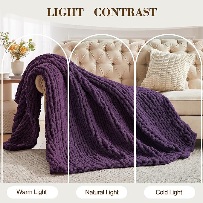 Carriediosa Chunky Knit Throw Blanket 50" X 60", 100% Hand Made Large Chenille Loop Yarn Soft Fluffy Throws for Couch Sofa Bed, Big Crochet Cozy Heavy Thick Cable Woven Blanket, Dark Purple