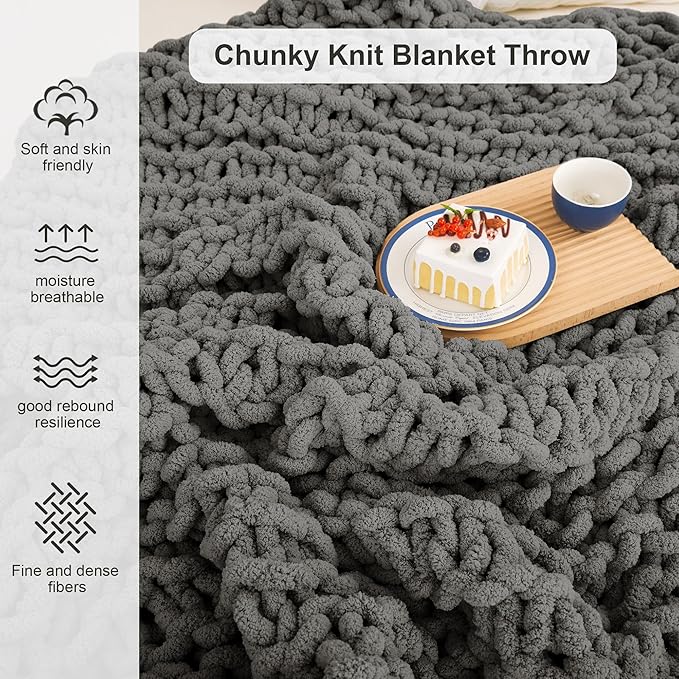 Knit Blanket 50"x60" Dark Grey Cream Soft Washable Chenille Throw Blanket Cozy 100% Handmade Crochet Blankets with Jumbo Chenille Yarn for Couch Bed Sofa Room Decor