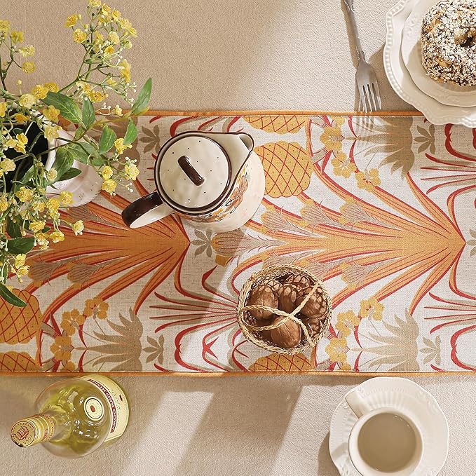 patdrea Designer Tropical Linen Table Runner 102 Inch Long, Yellow Vintage Elegant with Pineapple Pattern Table Mat,Decoration for Kitchen Dining Coffee Table Cover Banquet Christmas , 12"*102"