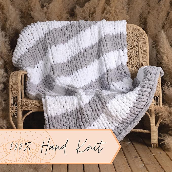 Adyrescia Chunky Knit Blanket Throw | 100% Hand Knit with Jumbo Chenille Yarn (50"x60", Gray and White Stripes)