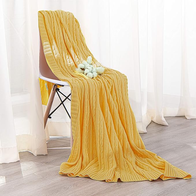 NTBAY 100% Pure Cotton Cable Knit Throw Blanket, Super Soft Warm 51x67 Knitted Throw Blanket for Couch, Sofa, Chair, Bed - Extra Cozy, Machine Washable, Comfortable Home Decor, Yellow