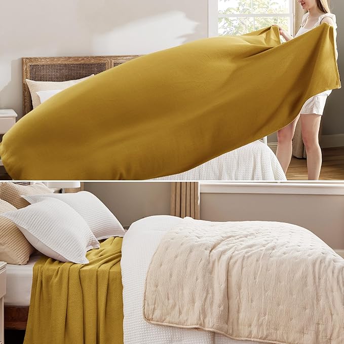 Bedsure 100% Cotton Blanket Queen Size for Bed - Breathable and Lightweight, Soft Cozy Textured Herringbone Woven Blanket for Summer Spring, Yellow, 90x90 inches
