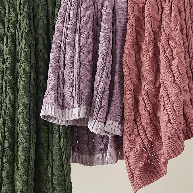 Bedsure Cable Knit Throw Blanket for Couch Bed - Chenille Chunky Knit Throw Blanket for Summer and All Seasons, Soft Cozy and Warm, Pink, 50x60 Inches
