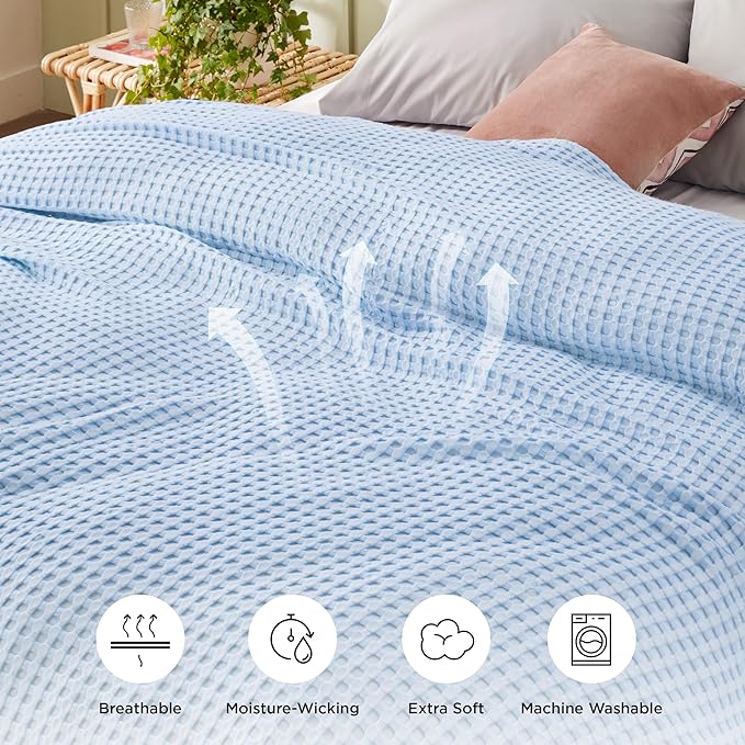 Bedsure Cooling Cotton Waffle Weave Throw Blanket - Lightweight Breathable Blanket of Rayon Derived from Bamboo for Hot Sleepers, Luxury Throws for Bed, Couch and Sofa, Blue, 50x70 Inches