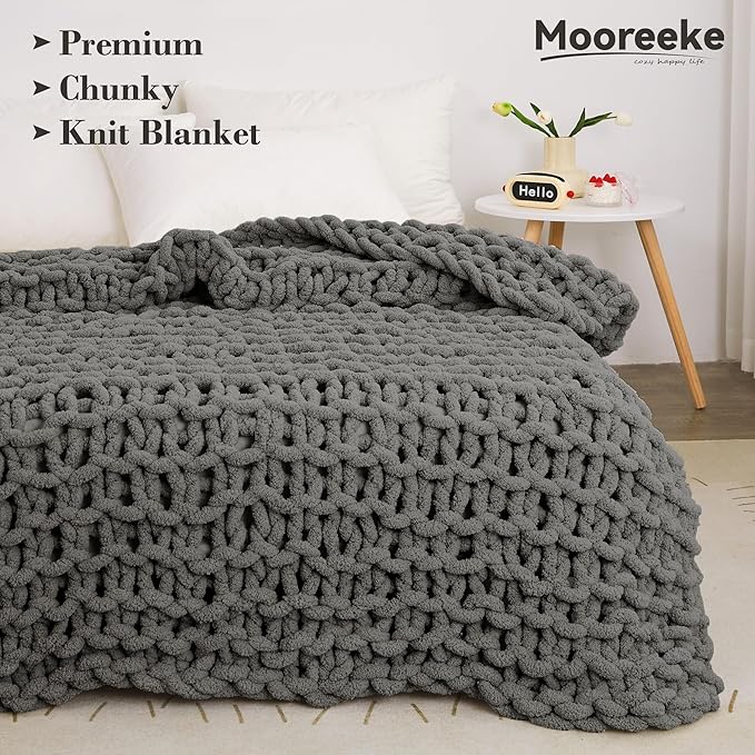 Knit Blanket 50"x60" Dark Grey Cream Soft Washable Chenille Throw Blanket Cozy 100% Handmade Crochet Blankets with Jumbo Chenille Yarn for Couch Bed Sofa Room Decor