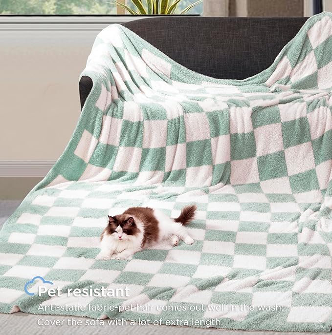 Oversized King Checkered Blanket for Couch - Super Soft Extra Large Throw Blankets for Bed, Fluffy Fuzzy Plush Lightweight Cozy Blanket,120" x 120",Sage Green