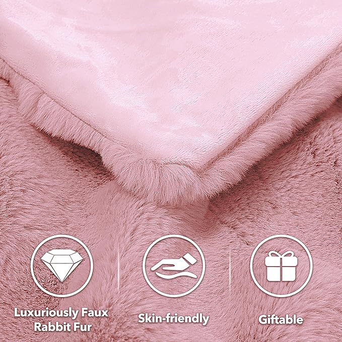 Touchat Luxury Faux Rabbit Fur Throw Blanket for Couch,Super Heavy Warm Cozy Blanket for Sofa Bedroom Living Room,Ultra Soft Fluffy Reversible Plush Blanket for Home Decor Gifts,Pink