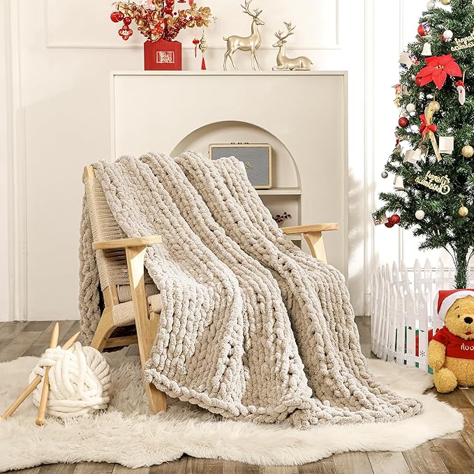 WESHIONGOO Chunky Knit Blanket Throw Knitted Throw Blankets for Couch Bed Fluffy Soft Blanket with Jumbo Chenille Yarn Thick 100% Handmade (Linen, 50"×60")