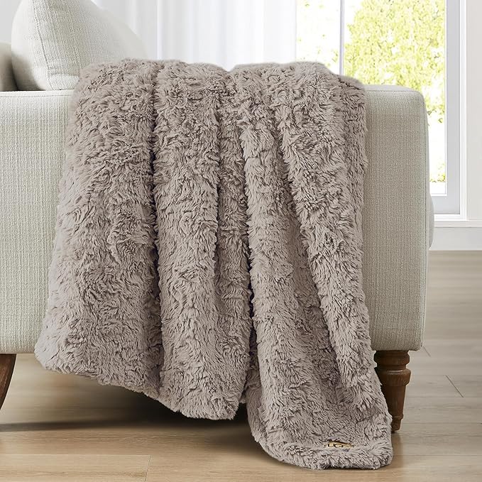 UGG Adalee Faux Fur Throw Blanket Luxury Lightweight Cozy Soft Throw for Couch Bed or Chair Hypoallergenic Machine Washable Double-Sided Fluffy Blanket Home Decor, 50-inch x 70-inch, Oyster Brown