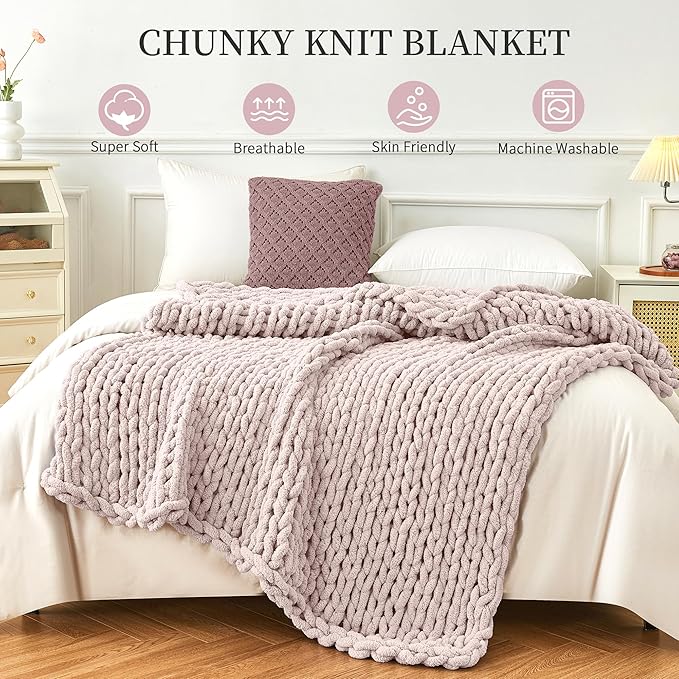 Admitrack Chunky Knit Blanket Throw, 100% Hand Knit Chenille Throw Blanket for Sofa & Home Decor, Soft and Cozy Knitted Throw Blankets (Pink,51"x63")