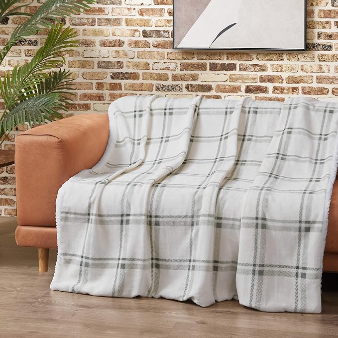 Lucky Brand Sherpa Plaid Olive/Sage 50"X70" Cozy Plush Blanket - Premium Microfiber Throw for Luxurious Comfort and Style