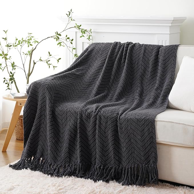 BATTILO HOME Dark Grey Throw Blanket for Couch, Knit Charcoal Throw Blanket Versatile for Chair, 60 x 80 Inch - Super Soft Warm Grey Blanket with Tassels for Bed, Sofa and Living Room