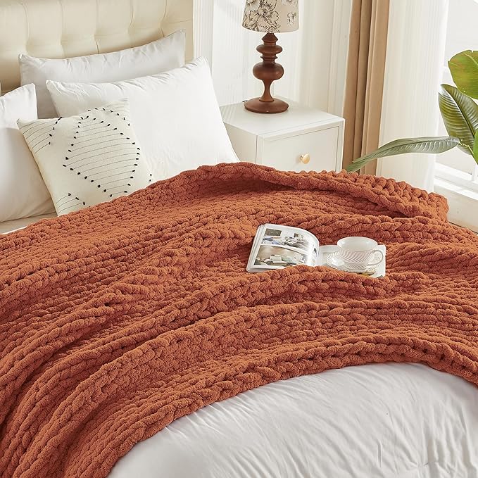 Carriediosa Chunky Knit Throw Blanket 50" X 60", 100% Hand Made Large Chenille Loop Yarn Soft Fluffy Throws for Couch Sofa Bed, Big Crochet Cozy Heavy Thick Cable Woven Blankets, Rust