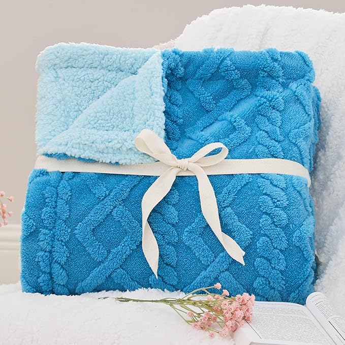 Bedsure Sherpa Fleece Blanket Twin Size for Bed - Fuzzy Soft Cozy Cable Throw for Couch, Thick Warm Blankets for Winter, Horizon Blue, 60x80 Inches