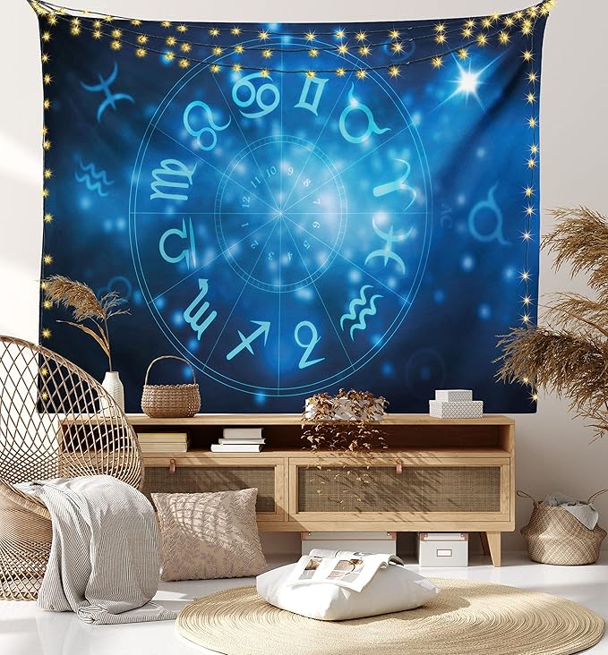 Ambesonne Astrology Tapestry King Size, Abstract Horoscope Wheel with Signs Aquarius Lion Taurus Libra, Wall Hanging Bedspread Bed Cover Wall Decor, King Size, Navy Blue Sky Blue
