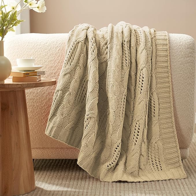 Amélie Home Chunky Knit Chenille Throw Blanket, Breathable Cable Knitted Blanket for Couch, Farmhouse Decorative Throw for Sofa Chair Bed, 60"x80", Beige