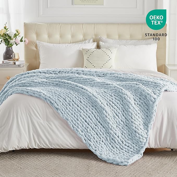 Carriediosa Chunky Knit Throw Blanket 60" X 80" Twin, 100% Hand Made Large Chenille Loop Yarn Soft Fluffy Throws for Couch Sofa Bed, Big Crochet Cozy Heavy Thick Cable Woven Blanket, Light Blue