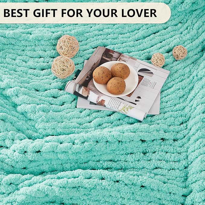 L'AGRATY Chunky Knit Blanket Throw: 60''x80'' Chenille Chunky Knitted Throw Blanket for Bed Couch - Handmade Thick Big Cable Knit Blanket - Large Crochet Rope Blanket for Home Decor(Lake Blue)