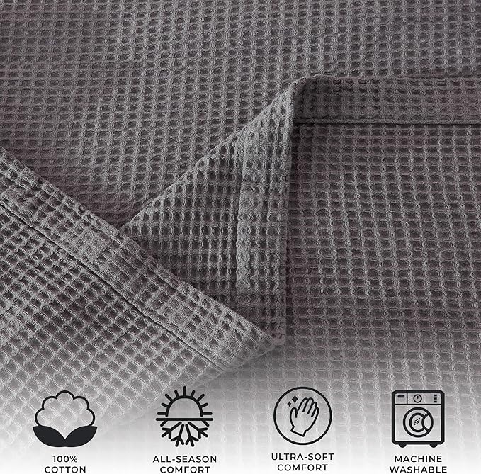 100% Cotton Waffle Weave Lightweight Summer Bed Blanket - Full Queen Size - 90x90in Prewashed Breathable, Woven, Layering Blanket (Dark Grey)