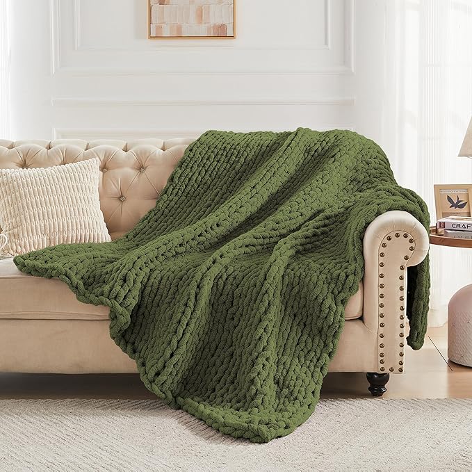 Carriediosa Chunky Knit Throw Blanket 60" X 80" Twin, 100% Hand Made Large Chenille Loop Yarn Soft Fluffy Throws for Couch Sofa Bed, Big Crochet Cozy Heavy Thick Cable Woven Blankets, Olive Green