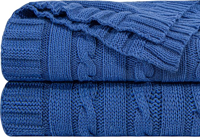 NTBAY 100% Pure Cotton Oversize (60x80) Cable Knit Throw Blanket, Super Soft Warm Knitted Throw Blanket for Bed, Sofa, Chair, Couch - Extra Cozy, Machine Washable, Comfortable Home Decor, Cobalt Blue