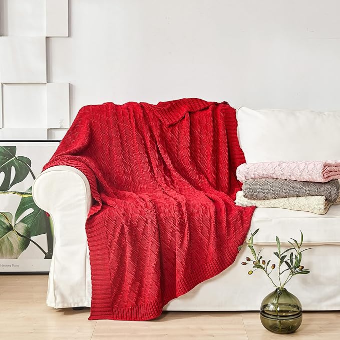 Longhui bedding Cotton Wine Red Cable Knit Throw Blanket for Couch Chairs Bed Beach, Home Decorative Knitted Blanket, 50 x 60 Inch with a Washing Bag,Silk Bow Tie Package