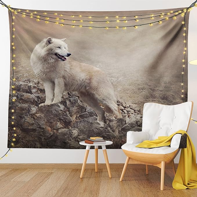 Ambesonne Animal Tapestry Queen Size, White Wolf on Rocks at The Night Misty Weather Wildlife Nature Scenery Print, Wall Hanging Bedspread Bed Cover Wall Decor, Queen Size, Warm Taupe