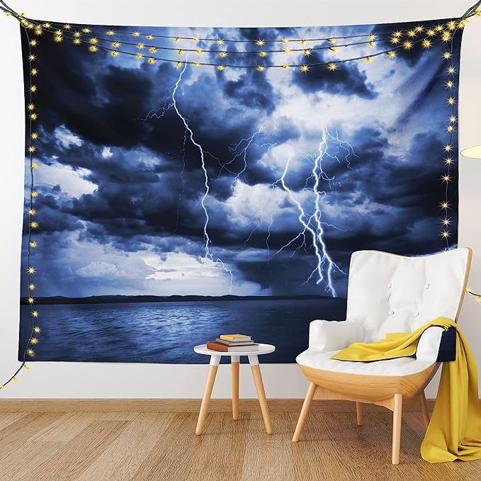 Ambesonne Nature Tapestry, Majestic Sky View with Huge Rain Clouds All Over The Sea and Vibrant Storm Rays Print, Wall Hanging for Bedroom Living Room Dorm Decor, 60" X 80", Blue