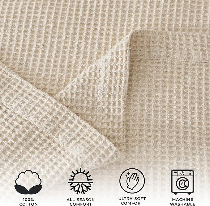 100% Cotton Blanket for Twin Size Bed - Tan Waffle Weave Lightweight Summer Bed Blanket - 90x66in Prewashed Breathable, Woven, Layering Blanket (Twin, Oatmeal)