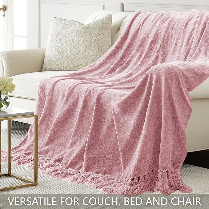Chenille Throw Blanket for Couch 50"X 60", Soft Cozy Throws with Fringe Tassel for Bed Sofa Chair, Lightweight Knitted Decorative Farmhouse Boho Blankets for Gift, Dusty Pink