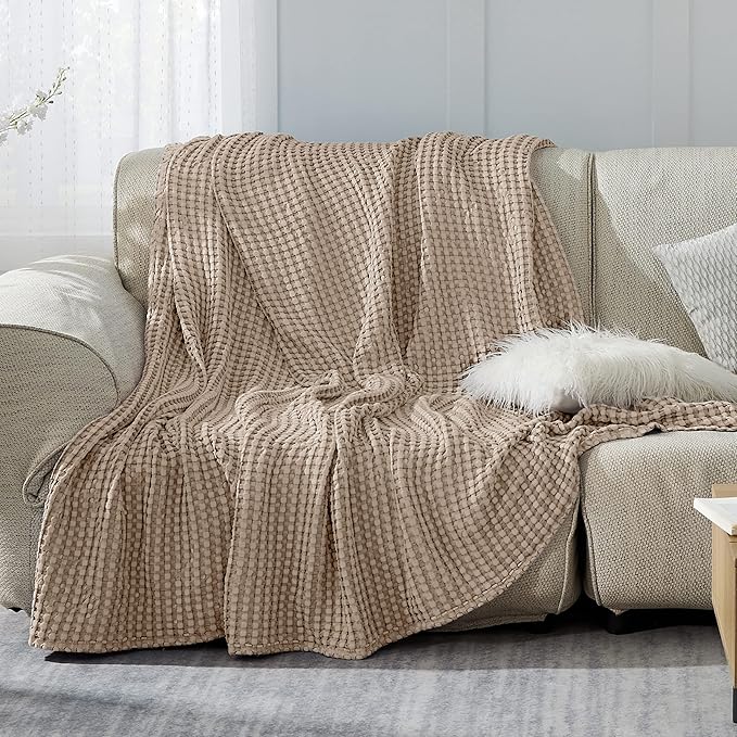 Bedsure Cooling Cotton Waffle Full Size Blanket - Lightweight Breathable Blanket of Rayon Derived from Bamboo for Hot Sleepers, Luxury Throws for Bed, Couch and Sofa, Taupe, 80x90 Inches