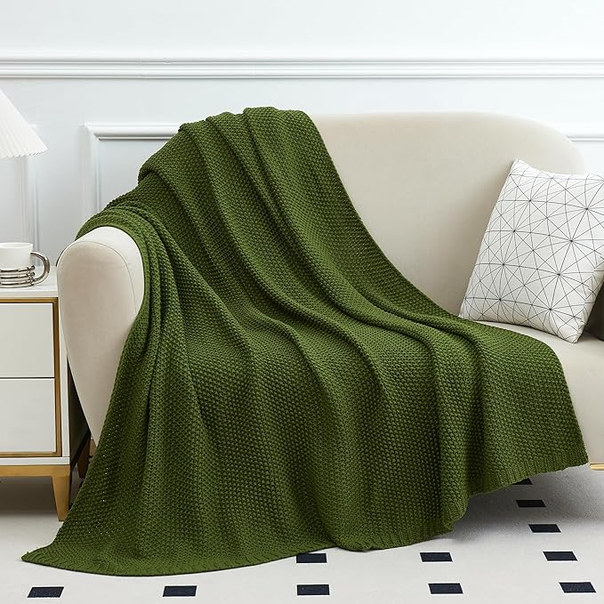 Aganear Knit Throw Blanket for Couch, Cable Knitted Throw Blanket for All Seasons, Soft Cozy Lightweight Knit Blanket for Living Room Bed Office Travel Boho Decor (50"x60", Olive Green)